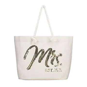 ELEGANTPARK Future Mrs. EST. 2021 Large Bride Tote Bag Personalized Wedding Bachelorette Bridal Shower Gifts Shoulder Bag Gold Sequin with Interior Pocket Jute