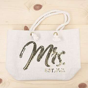 ELEGANTPARK Future Mrs. EST. 2021 Large Bride Tote Bag Personalized Wedding Bachelorette Bridal Shower Gifts Shoulder Bag Gold Sequin with Interior Pocket Jute