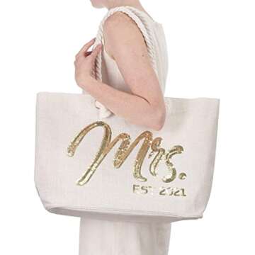 ELEGANTPARK Future Mrs. EST. 2021 Large Bride Tote Bag Personalized Wedding Bachelorette Bridal Shower Gifts Shoulder Bag Gold Sequin with Interior Pocket Jute