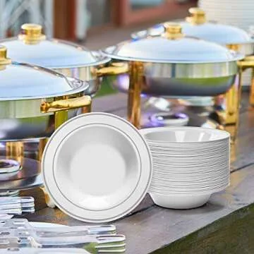 Elegant Silver Rimmed White Bowls - 50 Count for Events