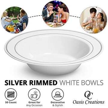 Elegant Silver Rimmed White Bowls - 50 Count for Events