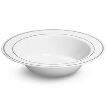 Elegant Silver Rimmed White Bowls - 50 Count for Events
