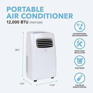 PerfectAire 2PORT12000 12,000 BTU/6,500 SACC Compact Portable Air Conditioner with Full-Function Remote for Medium Rooms, White, 115V - CEC