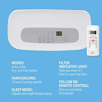 PerfectAire 2PORT12000 12,000 BTU/6,500 SACC Compact Portable Air Conditioner with Full-Function Remote for Medium Rooms, White, 115V - CEC