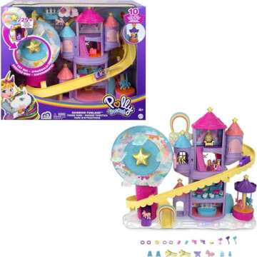 Polly Pocket Dolls & Playset, Rainbow Funland Theme Park with 2 Unicorns, Polly & Shani Micro Dolls, 25 Surprise Accessories