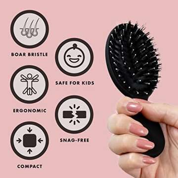 Mini Boar Bristle Brush by Everlong - Adds Shine, Promotes Growth, Scalp Massage & Detangling for Al...