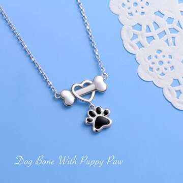 DAOCHONG 925 Sterling Silver Forever Love Heart Dog Bone with Puppy Paw Pendant Necklace for Women D...