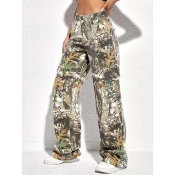 Women's Camo Cargo Pants High Waist Baggy Wide Leg Camouflage Army Fatigue Slim Fit Pockets Joggers Sweatpants M