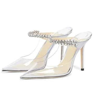 Luxury JANSEVEN Women Mule Heels Rhinestone Clear Heels for Wedding