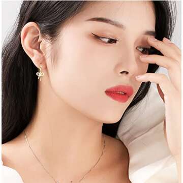 Reffeer Solid 925 Sterling Silver Bow Drop Hoop Earrings for Women Teen Girls Bowknot Hoop Earrings ...