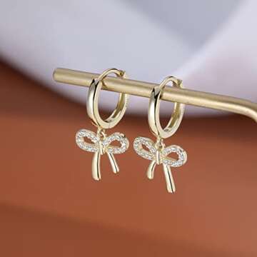 Reffeer Solid 925 Sterling Silver Bow Drop Hoop Earrings for Women Teen Girls Bowknot Hoop Earrings Huggie Ribbon Earrings (B-18K Gold)