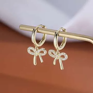 Reffeer Solid 925 Sterling Silver Bow Drop Hoop Earrings for Women Teen Girls Bowknot Hoop Earrings Huggie Ribbon Earrings (B-18K Gold)