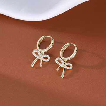Reffeer Solid 925 Sterling Silver Bow Drop Hoop Earrings for Women Teen Girls Bowknot Hoop Earrings Huggie Ribbon Earrings (B-18K Gold)