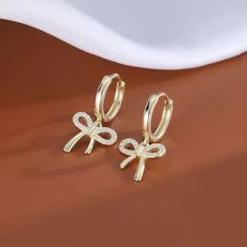 Reffeer Solid 925 Sterling Silver Bow Drop Hoop Earrings for Women Teen Girls Bowknot Hoop Earrings Huggie Ribbon Earrings (B-18K Gold)