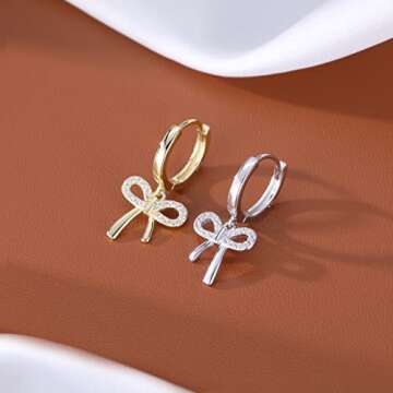 Reffeer Solid 925 Sterling Silver Bow Drop Hoop Earrings for Women Teen Girls Bowknot Hoop Earrings Huggie Ribbon Earrings (B-18K Gold)