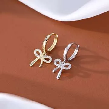 Reffeer Solid 925 Sterling Silver Bow Drop Hoop Earrings for Women Teen Girls Bowknot Hoop Earrings Huggie Ribbon Earrings (B-18K Gold)