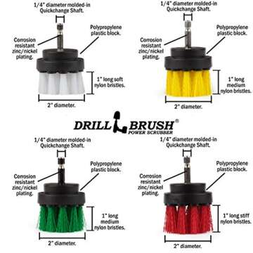 Drillbrush 4 Piece Drill Brush Small Cleaning Brushes for Use on Carpet, Tile, Shower Track, and Grout Lines - Rotating Cleaning Brush Attachment for Drill - Power Drill Cleaning Brush Attachment Set