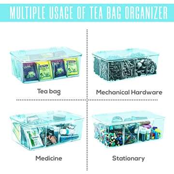 Utopia Home 3 Pack Tea Bag Organizer - Stackable Tea Bag Storage Organizer with Clear Top Lid- Tea bag holder For Counter tops, Kitchen Cabinets, Pantry, Sweeteners (Aqua)