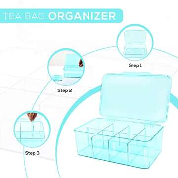 Utopia Home 3 Pack Tea Bag Organizer - Stackable Tea Bag Storage Organizer with Clear Top Lid- Tea bag holder For Counter tops, Kitchen Cabinets, Pantry, Sweeteners (Aqua)