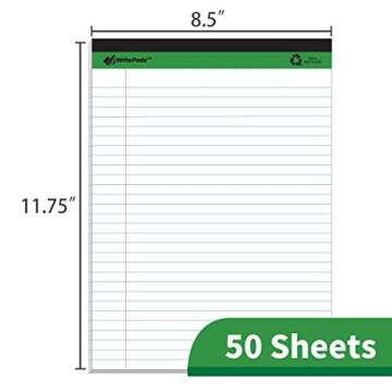 KAISA Legal Pads Writing Pads Recycled Paper, 8.5"x11.75" Wide Ruled, 50 sheets 8-1/2"x 11-3/4" Perforated Writed Pad, White Pack of 12pads, KSU-5293