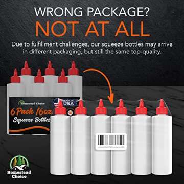 Made in USA Condiment Squeeze Bottles 16 OZ, 6 Pack Squirt Bottles for Sauces Liquids BPA Free Condiment Bottles with Twist Cap Ketchup, Syrup, Oil, Dressings, Honey, BBQ, Arts Crafts