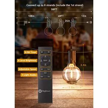 Outdoor String Lights with Remote and Zip Ties, 58Ft Dimmable Patio Lights with 25 Bulbs, Waterproof Hanging Lights for Porch Backyard Bistro Cafe Market