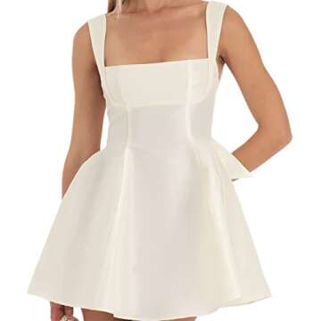LouVasabuce Women Sexy Backless Bow Knot Tie Back Satin Mini Dress Graduation Dress Ruffle Ruched Strap Flowy Short Dress (Bow White, S)