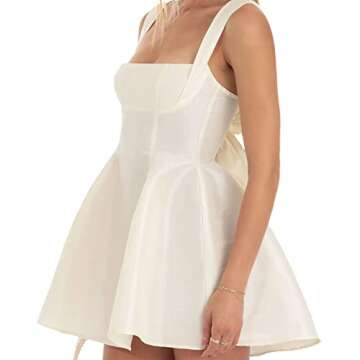 LouVasabuce Women Sexy Backless Bow Knot Tie Back Satin Mini Dress Graduation Dress Ruffle Ruched Strap Flowy Short Dress (Bow White, S)