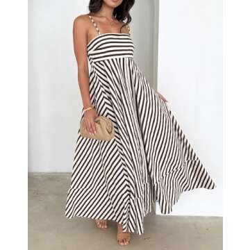 KMBANGI Women Striped Sleeveless Maxi Dress Swing Cutout Midi Dress Backless Smocked Spaghetti Strap Boho Flowy Long Sundress(Brown Stripes,S)