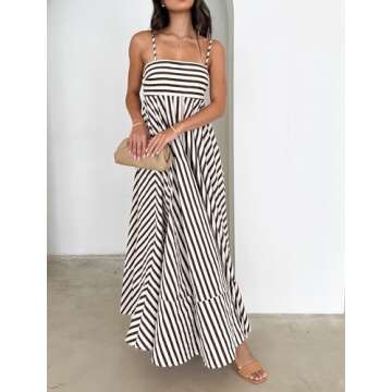 KMBANGI Women Striped Sleeveless Maxi Dress Swing Cutout Midi Dress Backless Smocked Spaghetti Strap Boho Flowy Long Sundress(Brown Stripes,S)
