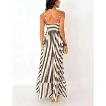 KMBANGI Women Striped Sleeveless Maxi Dress Swing Cutout Midi Dress Backless Smocked Spaghetti Strap Boho Flowy Long Sundress(Brown Stripes,S)