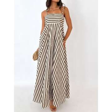 KMBANGI Women Striped Sleeveless Maxi Dress Swing Cutout Midi Dress Backless Smocked Spaghetti Strap Boho Flowy Long Sundress(Brown Stripes,S)