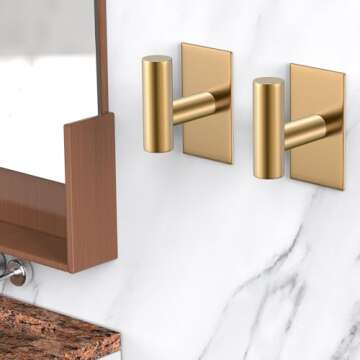 VAEHOLD Wall Towel Hooks, Heavy Duty Sticky Holder Waterproof Towel Hooks for Hanging Coat, Clothes, Closet Hook Wall Mount for Kitchen (Gold, Adhesive 2 Pack)
