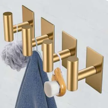 VAEHOLD Wall Towel Hooks, Heavy Duty Sticky Holder Waterproof Towel Hooks for Hanging Coat, Clothes, Closet Hook Wall Mount for Kitchen (Gold, Adhesive 2 Pack)