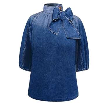 Women's Bow Design Denim Pullover Top Button Up High Neck Fashionable Jacket with Elastic and Puff Sleeves(Dark Blue,M)