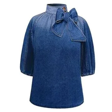 Women's Bow Design Denim Pullover Top Button Up High Neck Fashionable Jacket with Elastic and Puff Sleeves(Dark Blue,M)