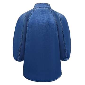 Women's Bow Design Denim Pullover Top Button Up High Neck Fashionable Jacket with Elastic and Puff Sleeves(Dark Blue,M)