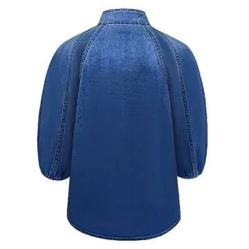Women's Bow Design Denim Pullover Top Button Up High Neck Fashionable Jacket with Elastic and Puff Sleeves(Dark Blue,M)