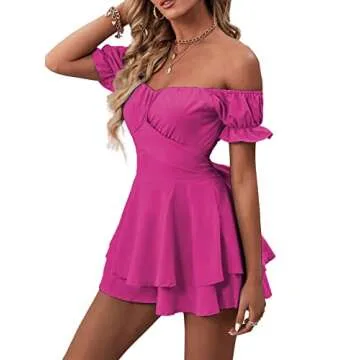 LYANER Women's Off the Shoulder Ruffle Romper Hot Pink
