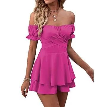 LYANER Women's Off the Shoulder Ruffle Romper Hot Pink