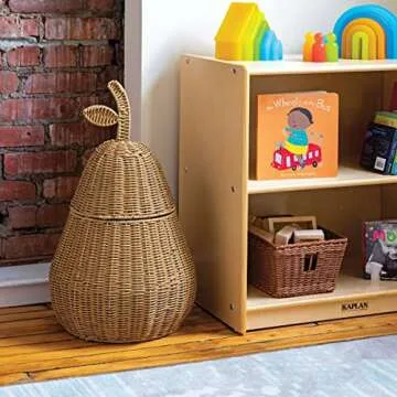Kaplan Early Learning Pear Washable Wicker Floor Basket | Fruit-Shaped Woven Rattan Storage Bin | Ho...