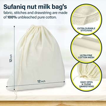 Nut Milk Bag - 2 Pack (12 x 12 Inches) 100% Unbleached Cotton Cheese Cloth Bag for Straining, Premium Quality Nut Milk Bag Reusable, Nut Bag Strainer for Almond, Soy, Oat Milk, Juices, Cheese Making