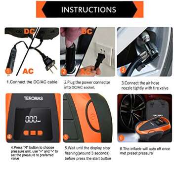TEROMAS Tire Inflator Portable Air Compressor, Air Pump DC/AC for Car Tires 12V DC and Other Inflatables at Home 110V AC, Digital Electric Tire Pump with Pressure Gauge(Orange)