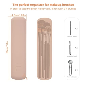FERYES Travel Makeup Brush Holder, Magnetic Anti-fall Out Silicon Portable Cosmetic Face Brushes Holder, Soft and Sleek Makeup Tools Organizer for Travel-Khaki