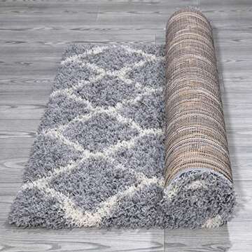 Ottomanson Indoor Moroccan Trellis Design Jute Back 3x5 Soft Shag Area Rug for Bedroom, Living Room, Dining Room, Office, 3'3" x 4'7", Gray