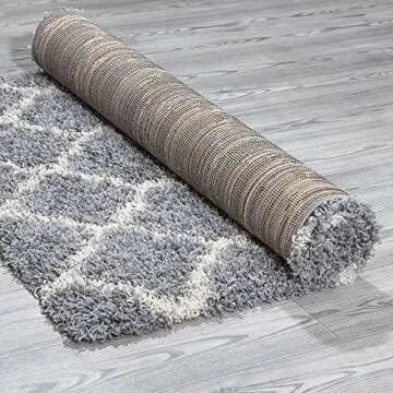 Ottomanson Indoor Moroccan Trellis Design Jute Back 3x5 Soft Shag Area Rug for Bedroom, Living Room, Dining Room, Office, 3'3" x 4'7", Gray