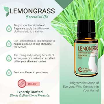 Rocky Mountain Oils Lemongrass Essential Oil - Essential Oils for Diffusers, Topical, and Home - 15ml