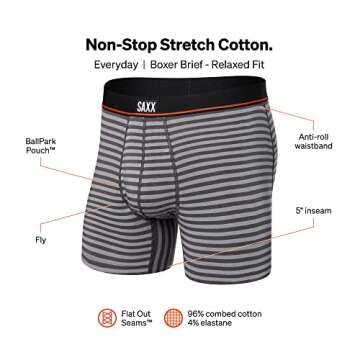 SAXX Underwear Co. Men's Underwear - Non-Stop Stretch Cotton Boxer Brief with Built-In Pouch Support and Fly Soft, Breathable and Moisture Wicking, Hiker Stripe-Grey, Medium