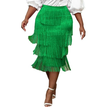 AOMEI Women's Spring Green High Waist Fringe Tiered Bodycon Pencil Midi Skirt