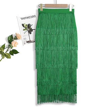 AOMEI Women's Spring Green High Waist Fringe Midi Skirt